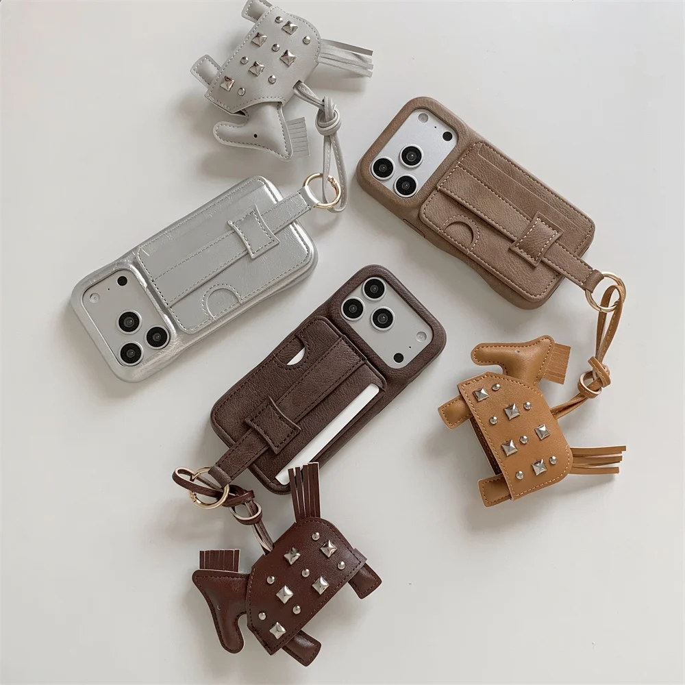 

Luxury Leather With Metal Bead Pony Charm Phone case for iPhone 16 Pro Max 15 14 13 17 Pro Cases With Card Holder Wrist Strap