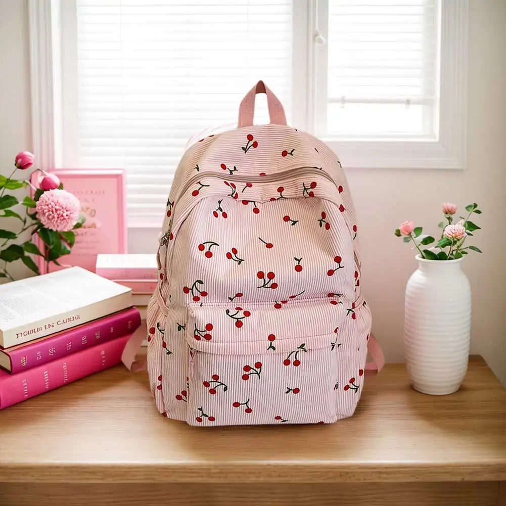 กระเป๋าหนังสือผ้าลูกฟูกน่ารักลายเชอร์รี่ กระเป๋าเดินทางสำหรับผู้หญิง สายสะพายปรับได้ กระเป๋าเรียนแบบมีซิปสำหรับทำงาน ช้อปปิ้ง และไปโรงเรียน