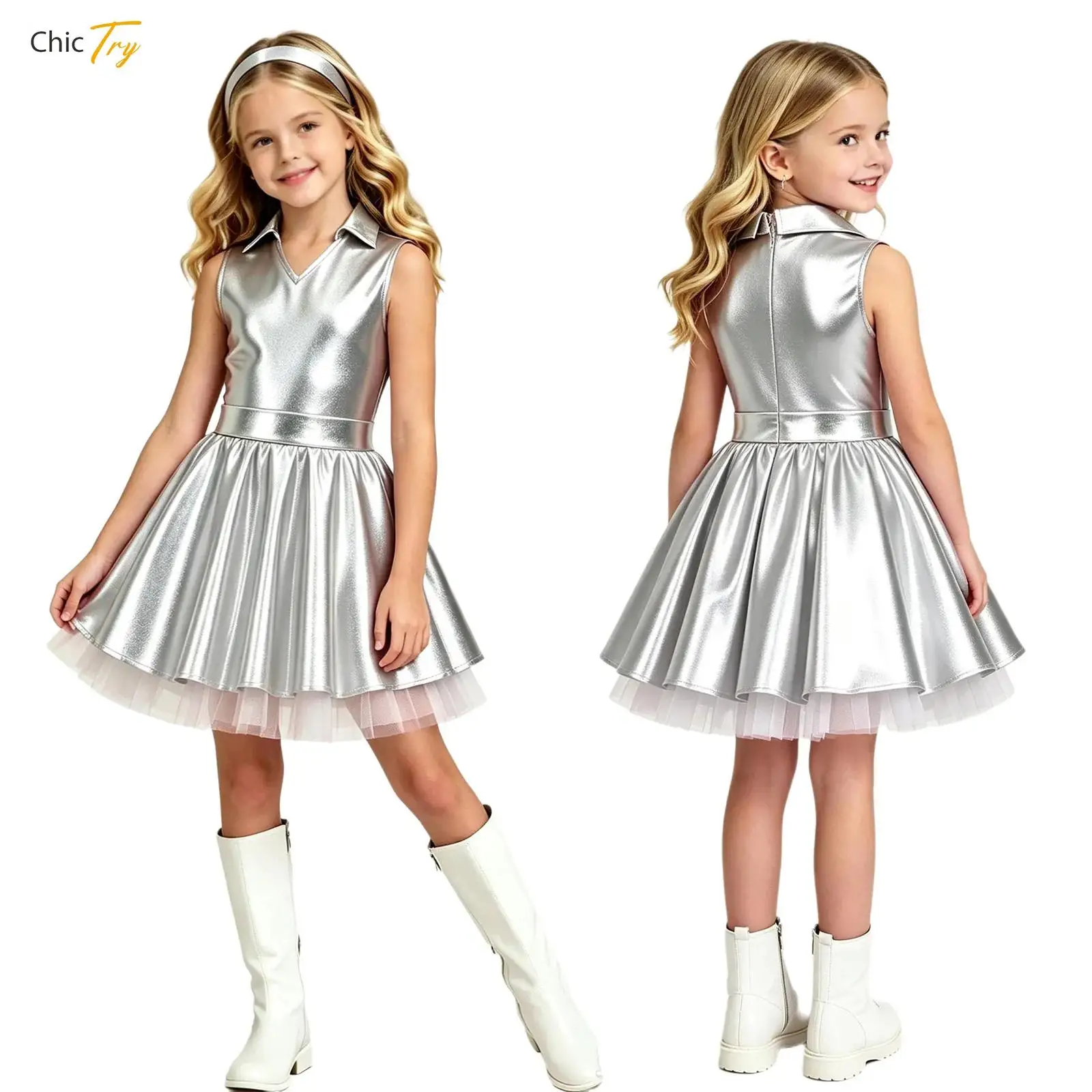 Kids Girls Disco Tutu Dress Space Robot Alien Costume Sleeveless Back Zipper A-line Tulle Metallic Dress Halloween Party