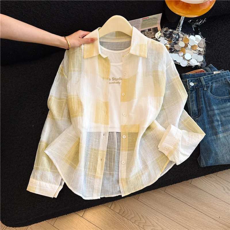 

Легкая женская рубашка в клетку в стиле преппи с защитой от солнца, приталенная, весенне-летняя, в корейском стиле, повседневный комплект с длинным рукавом
