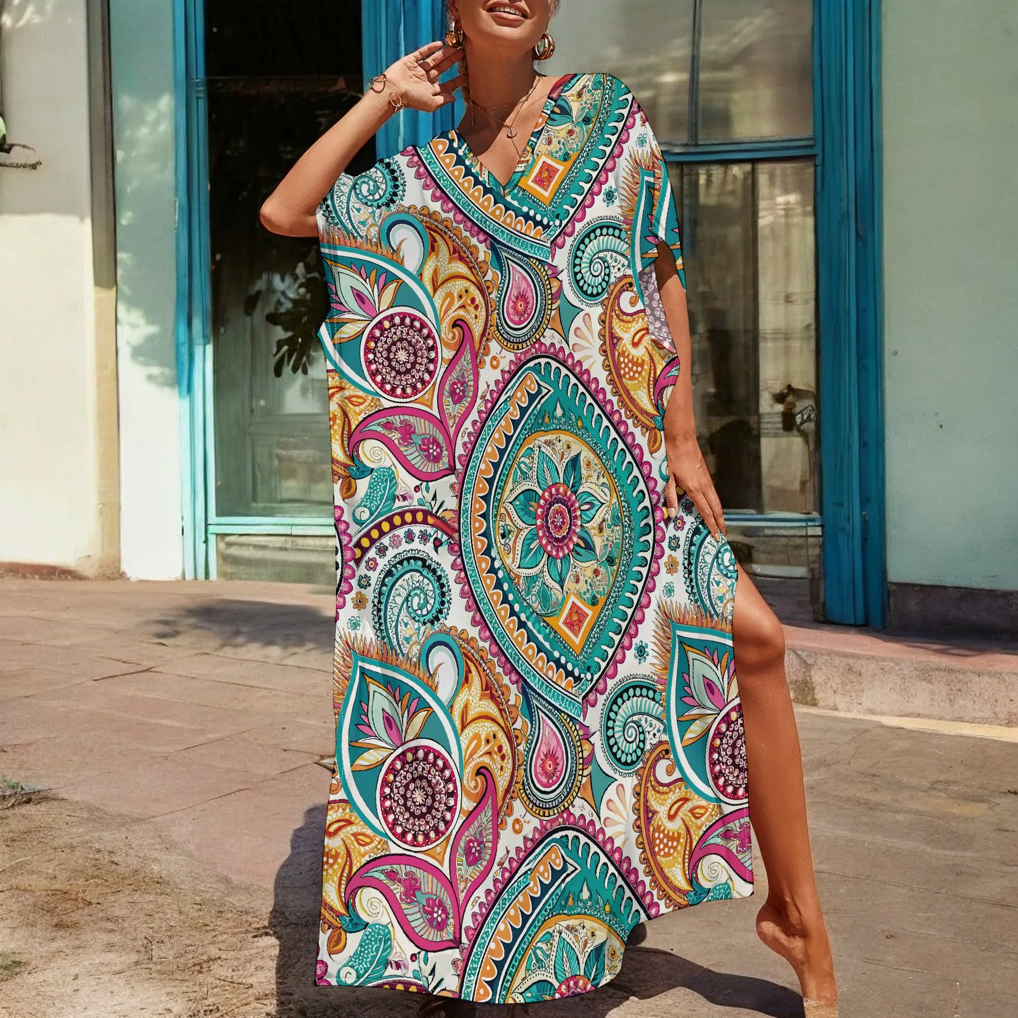 

Boho Paisley Kaftan Dress S-3XL Colorful Mandala Print Maxi for Festival & Summer Vibes