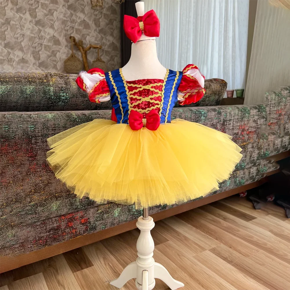 Girls Snow White Tutu Party Dress Baby Yellow Big Bow Costume Toddler 2pcs Sets Carnival Fluffy Dress Girl Cinderella Clothes