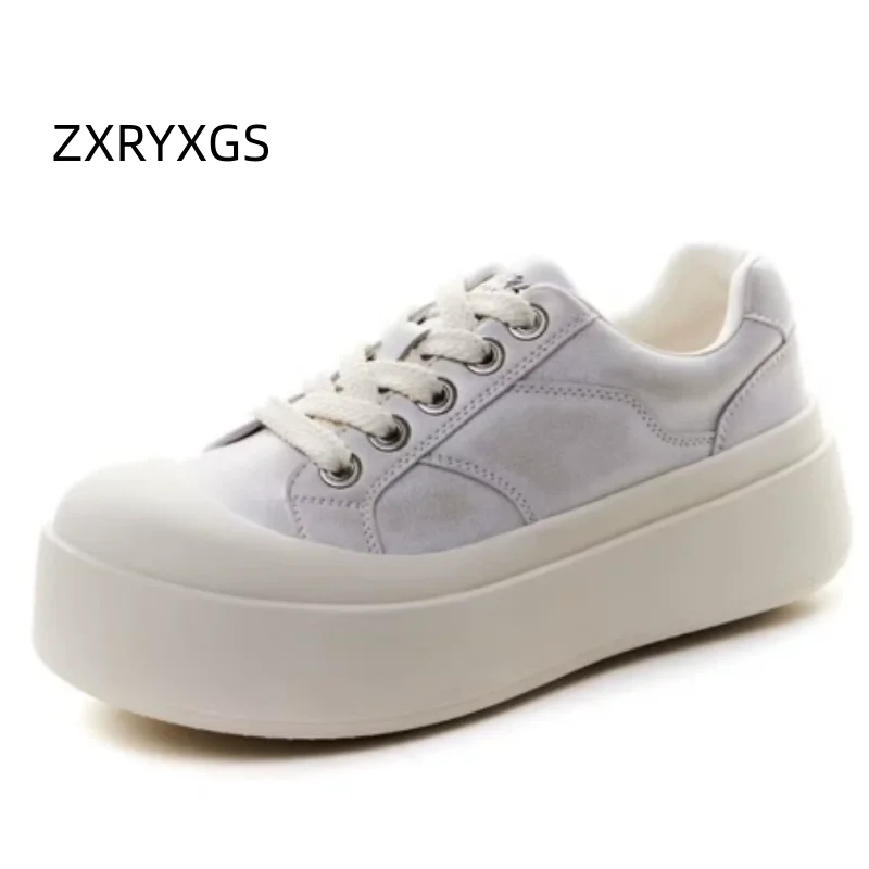 

ZXRYXGS 2025 New Cross Straps Round Toe Premium Genuine Leather Sneakers Flat Platform Increase Shoes White Women Trendy Shoes