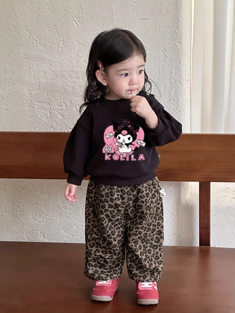 

Комплект одежды для девочек, осенние детские толстовки, пуловер, топ Kunomi и штаны с леопардовым принтом, костюм из 2 предметов, детские милые спортивные костюмы, наряд