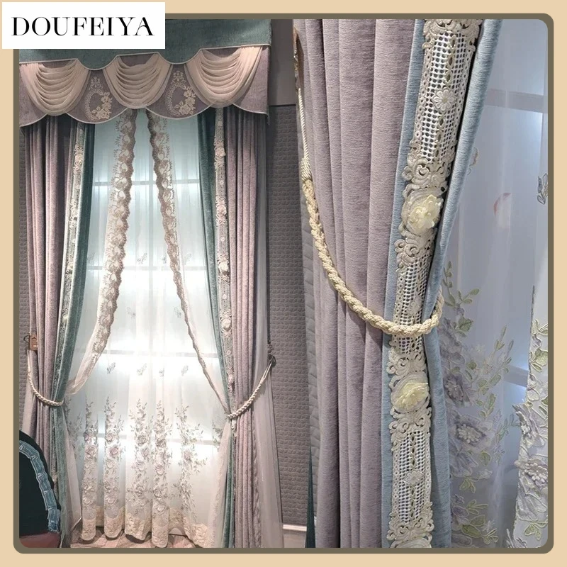 

Curtains for Living Dining Room Bedroom Purple Gauze Curtains Chenille European Style Bay Window Screens Nature Vertically Tulle