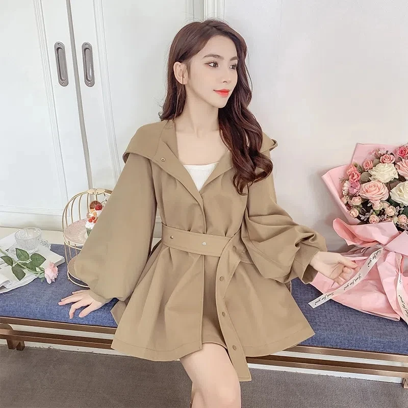Trench coat feminino 2025 primavera outono moda all-match hepburn blusão jaqueta feminina com capuz cintura lanterna manga outerwear