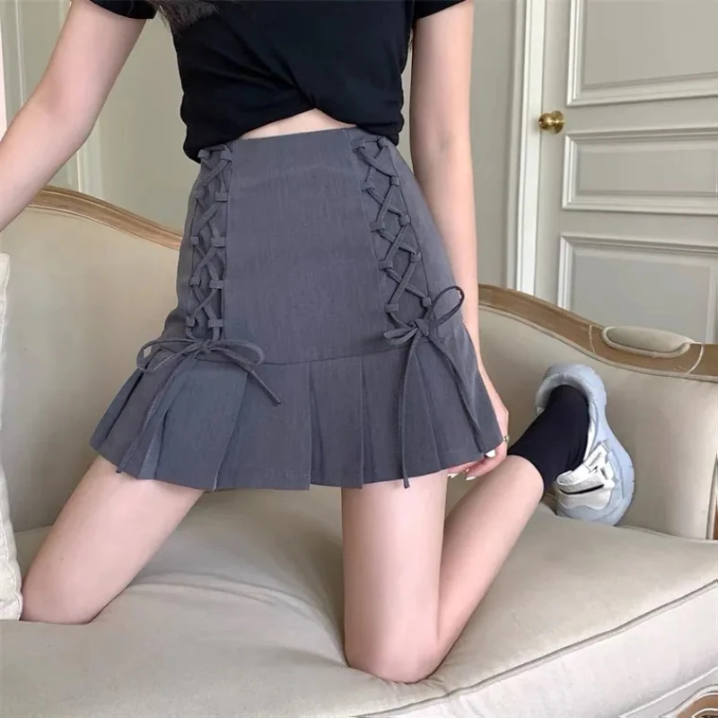 Korean Sweet Autumn Short Skirts Women Clothing Solid Zipper Lacing Fashion Chic High Waist Slim A-line Bag Hip Pleated Skirt