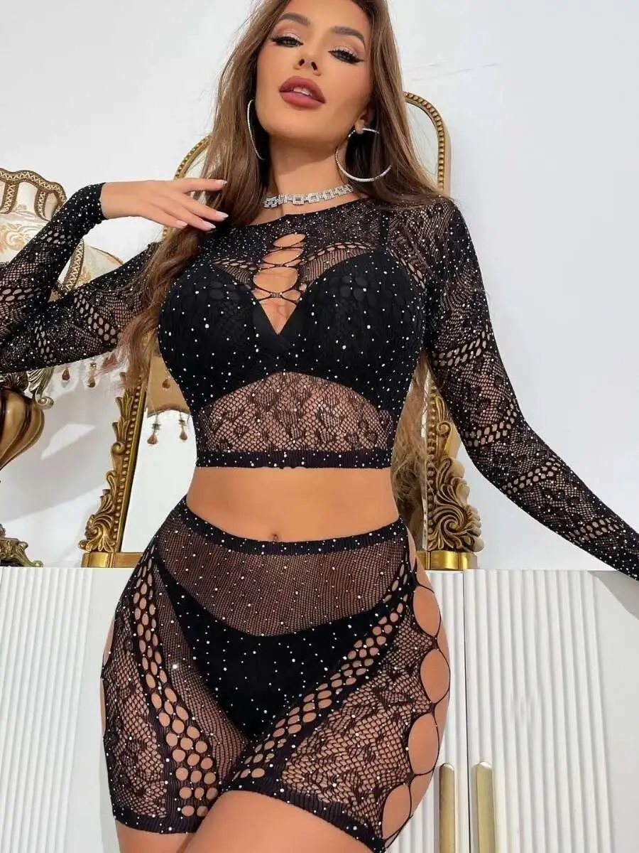 

Women's Hot Stamping Split Sparkling Mesh Hollow Out Flower Embroidery Short Sets Backless Long Sleeves Charming Elegant W1W7