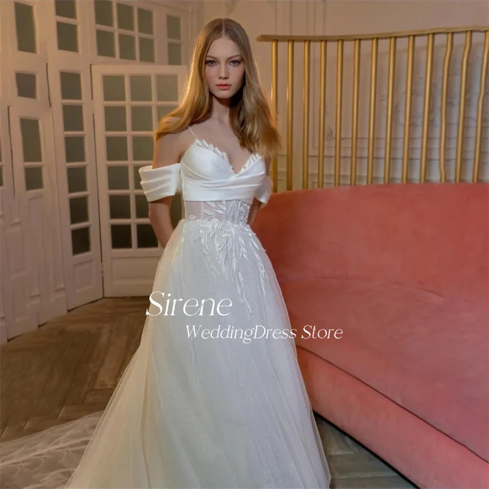 Sirene Princess Sweetheart Spaghetti straps Lace Appliques Tulle Weddding Dress Off Shoulder A-line Backless Stain Evening Gowns