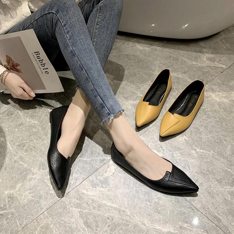 Women Pointed Toe Soft Leather Flat Shoes Shallow Mouth Slip On Office Casual Flats