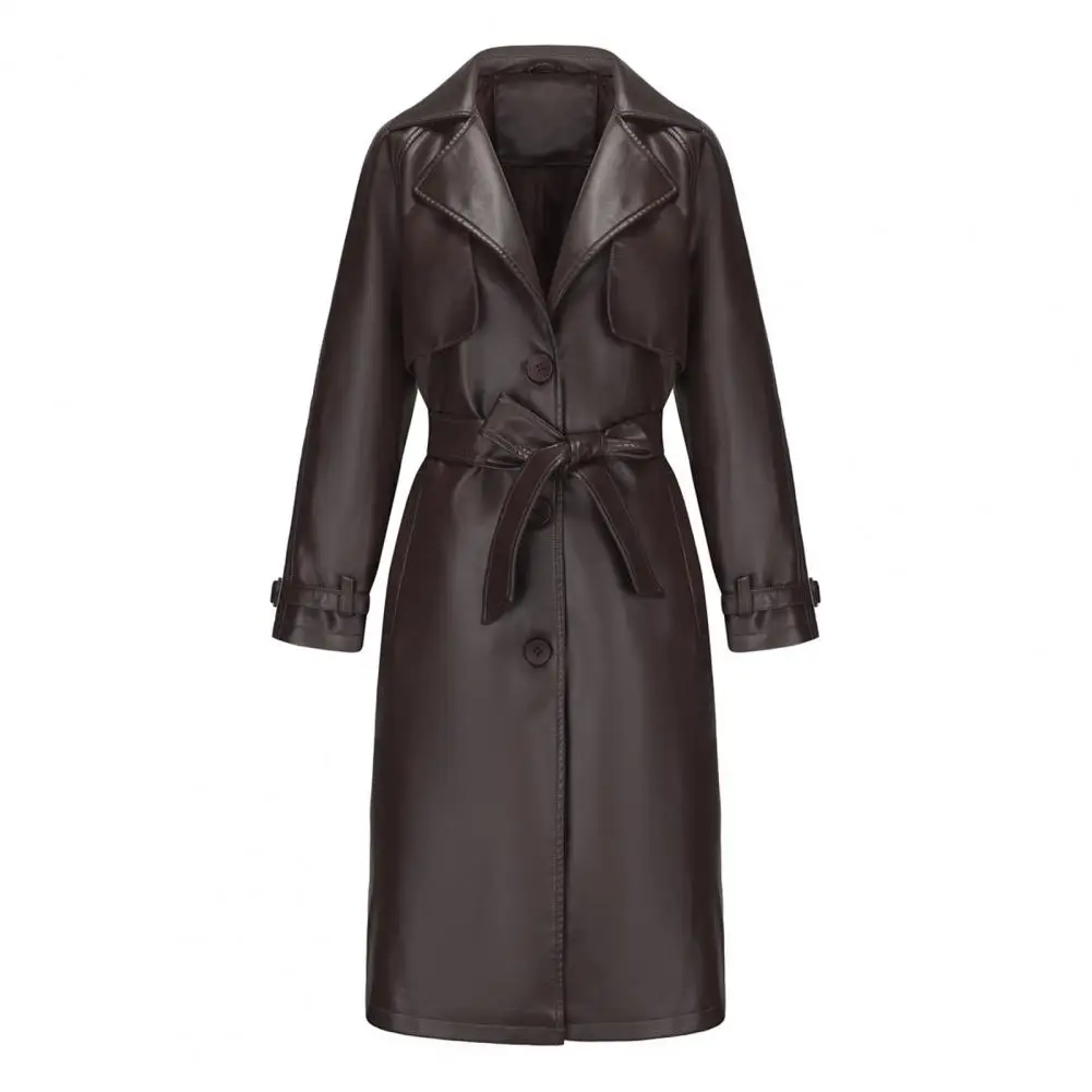 Giacca a vento autunnale elegante cappotto in ecopelle con cintura allacciata per donna giacca antivento di media lunghezza con colletto rovesciato per l'autunno