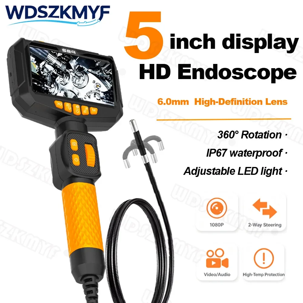 Ultra Slim 6mm Lens 360° Rotating Industrial Endoscope 1080P 5 Inch IPS Screen IP67 Waterproof Borescope With Adjustable LED