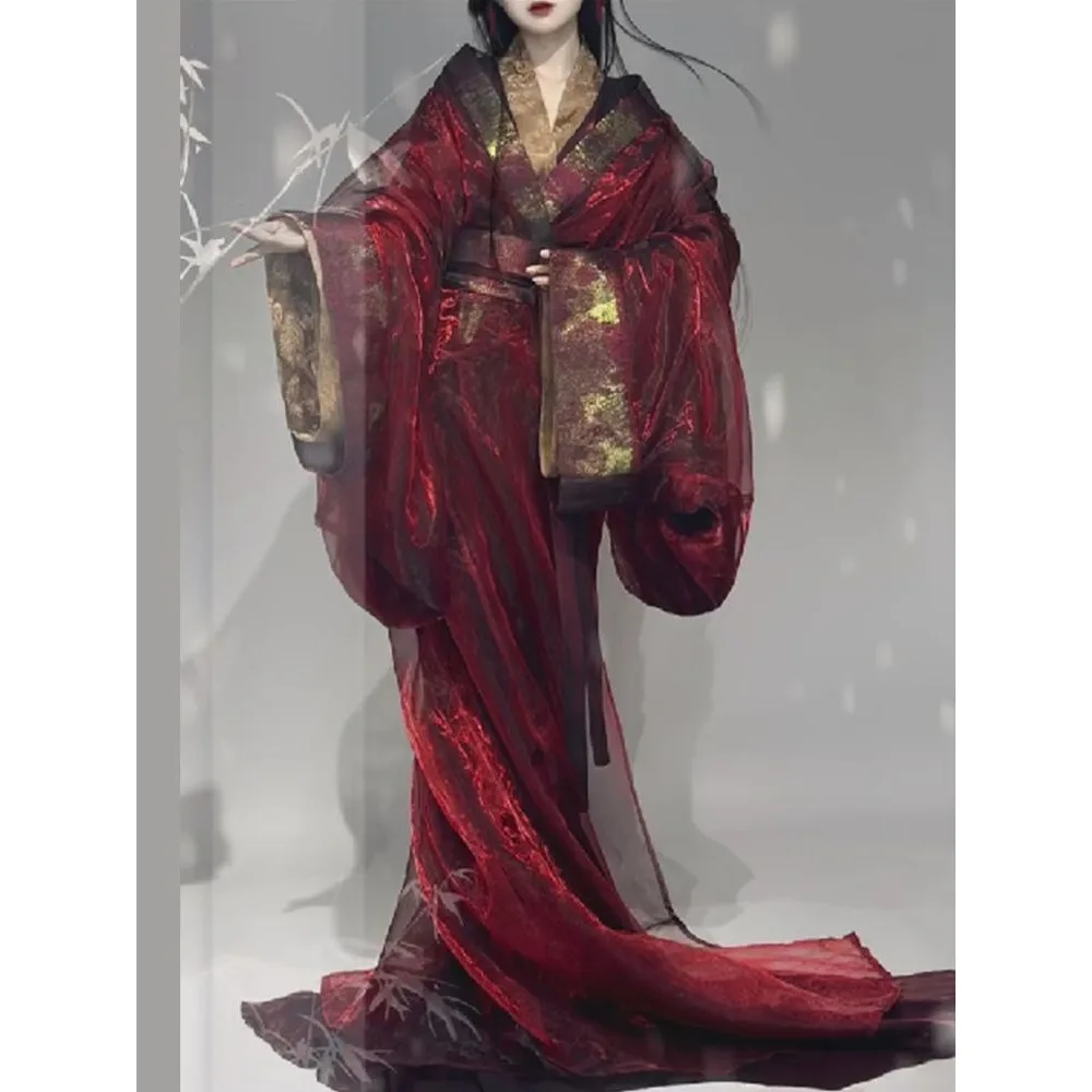 

Женский ханьфу: золотистое платье эпохи Войн за господство с шлейфом, традиционный элегантный китайский костюм для косплея