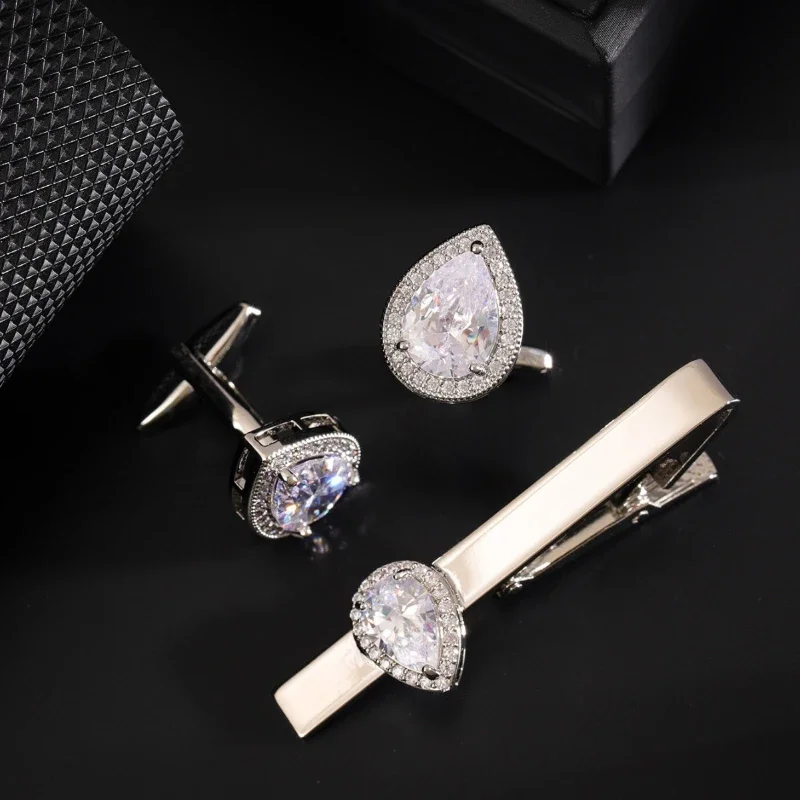 New Luxury Water Drop Zircon Cufflinks Jewelry , Men Women French Shirts Crystal Rhinestone Cuff Links Wedding Accessories Gifts