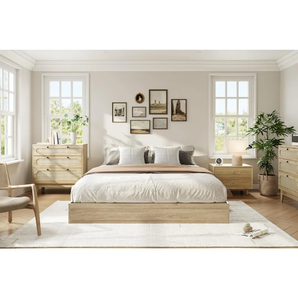 

Extra large wooden platform bed frame, floor standing bed frame supported by wooden strips, no need for box springs, low profile