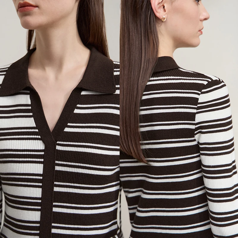 AMII Damski Sweter Jesień 2025 Nowa Odzież Damska Dekolt V Patchwork Paski Codzienny Dzianinowy Długi Rękaw Bluzki Dla Kobiet 12543158