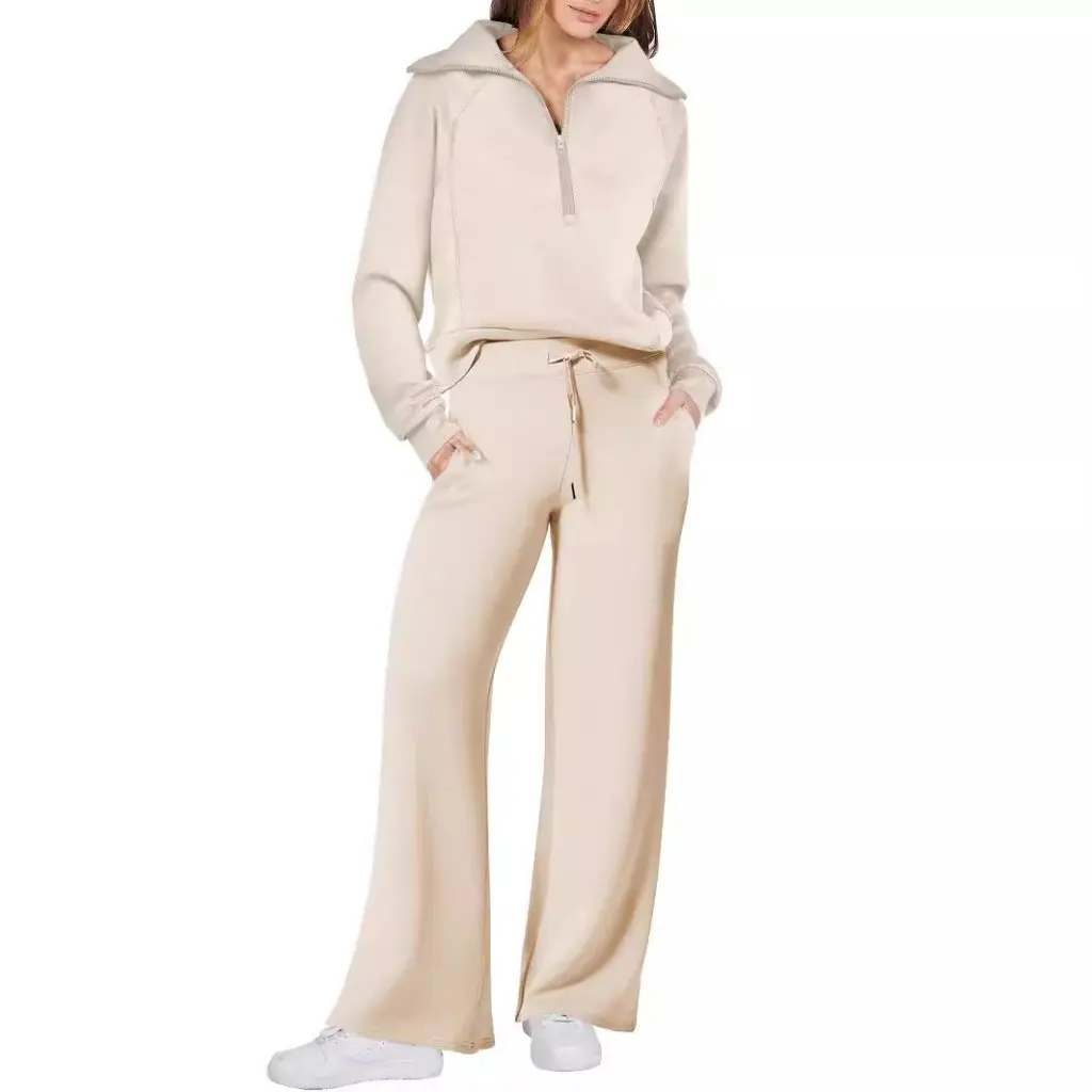 

Spring Autumn Leisure Sports Suit for Women European American Style Long Sleeve Zipper Sweater Wide Leg Pants Two-Piece Set