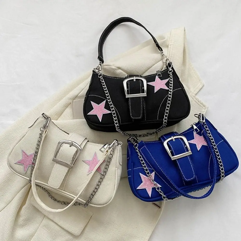 

Y2K Canvas Chain Shoulder Bag Stars Pattern Large Capacity Women's Handbag Tote Bag for Woman Girls