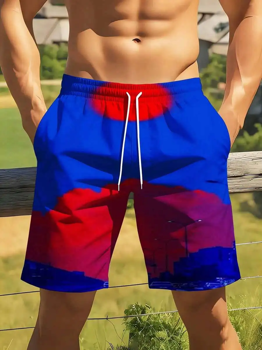 

Mens Beach Shorts With Abstract Sunset City Print For Summer Vacation