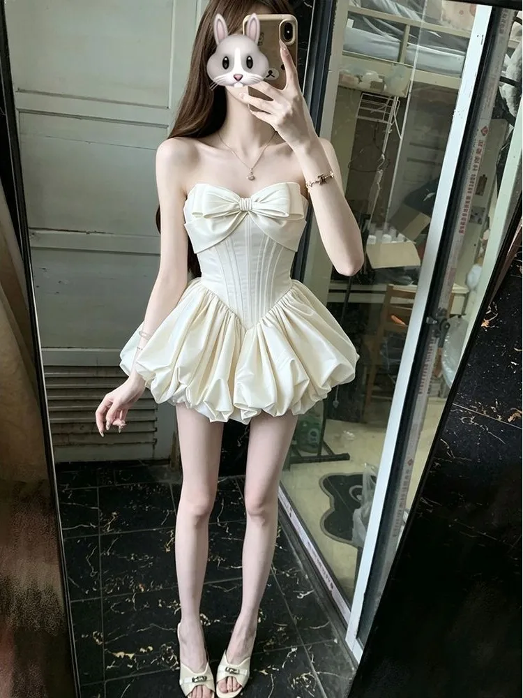 

Princess Style Knot Slimming Summer New Arrival Pure Desire Wind Girl's Dress Puffy Skirt Korean Style for All Ages