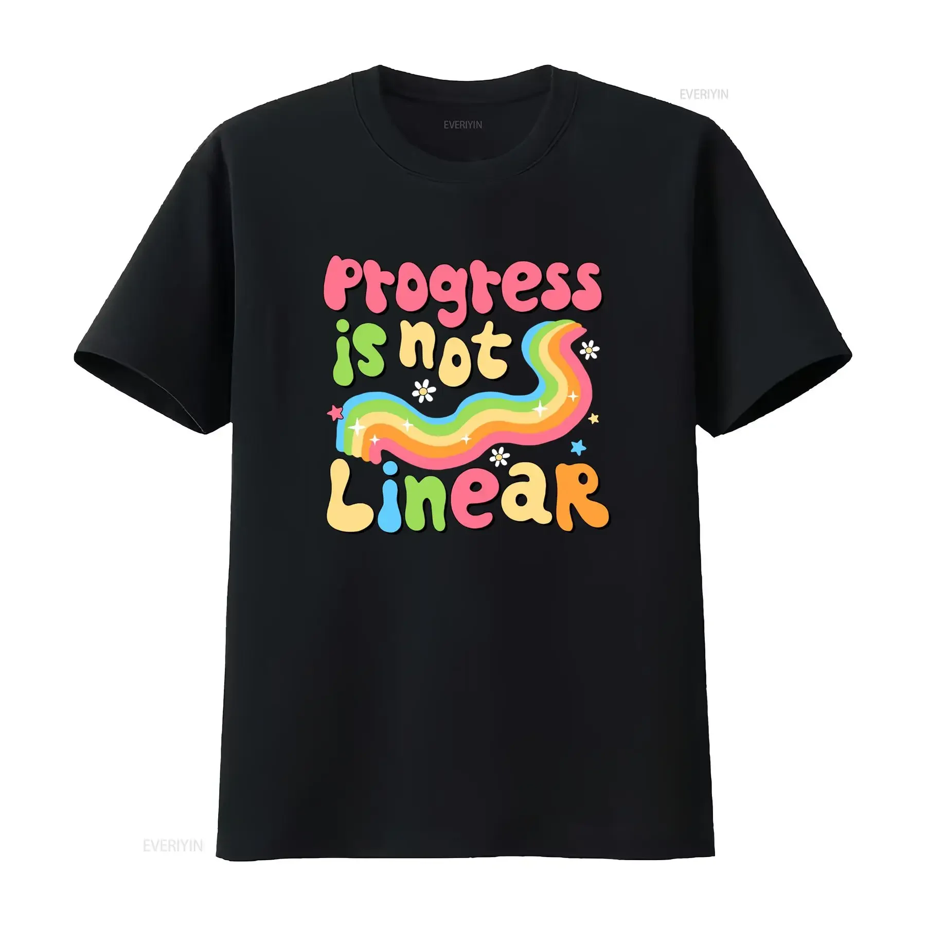 Retro Groovy Progress Is Not Linear Rainbow Daisy Inspirational Print Casual T Shirt vintage Washed designer clothes Unisex