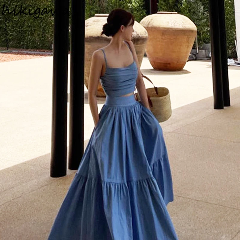 

Korean Fashion Two Piece Sets Womens Outfits Roupas Femme Tunic Crop Tops High Waist Big Swing Long Skirt Suit Casual Y2k Set