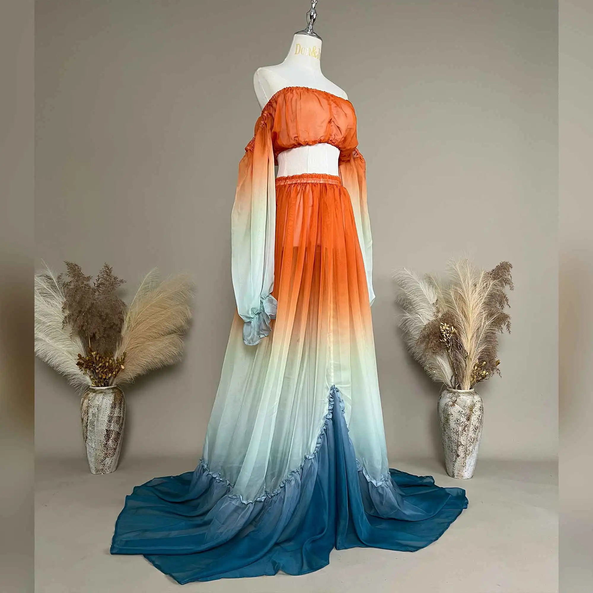 Don&Judy Orange to Blue Ombre Chiffon Two Piece Evening Set Adjustable Waist Top and Maxi Skirt for Elegant Formal Event