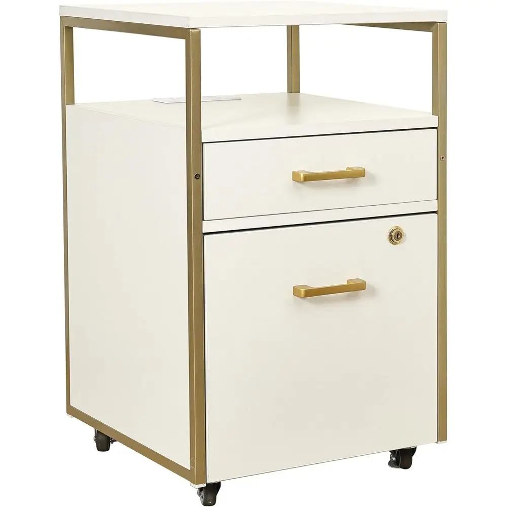 Portable Rolling Cabinet with Lock, 2 USB Ports, Power Outlet, and Locking Wheels - White & Gold
