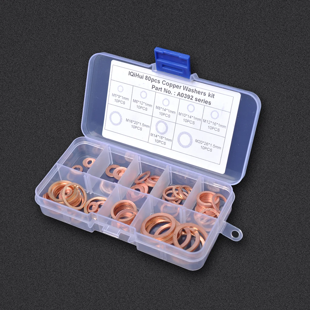 80 Pieces Copper Crush Washers Gasket Nut Bolt Flat Ring 8 Sizes Assorted Fastener Assortment Hardware for Sump Plugs