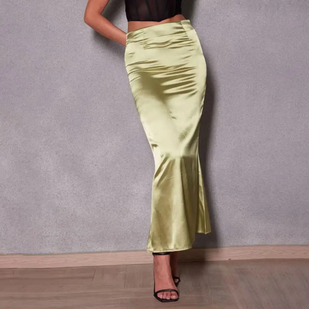 

Women Fishtail Skirt Large Hem High Waist Hip Wrapped Imitation Silk Maxi Skirt Solid Slimming Satin Skirt Flared Hem Skirts
