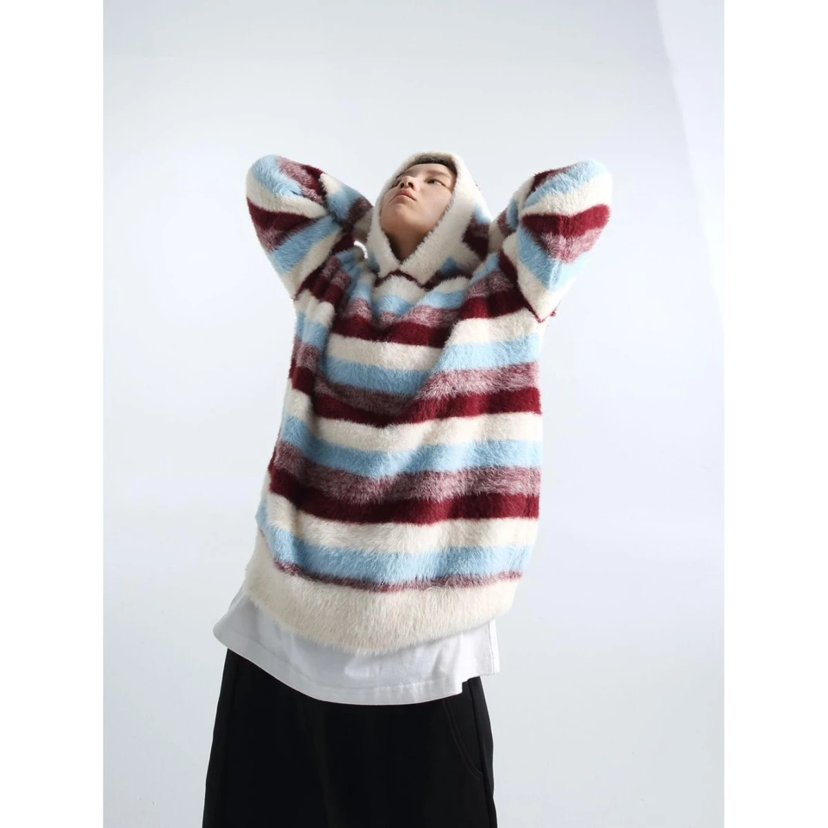 

Вязаный свитер с капюшоном в полоску в американском стиле ретро, осень-зима, ленивый цвет, блузка, высококачественный свитер для пар