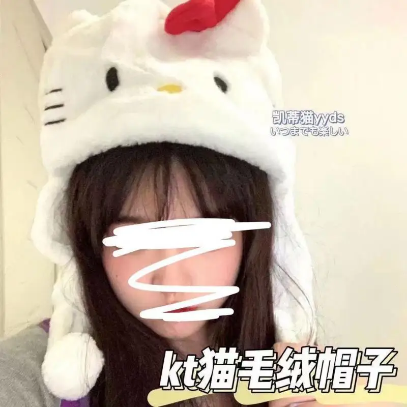 New Cute Anime Hat Hello Kitty Sanrio Kawaii Cartoon Thick and Warm Face Enhancing Small Ear Protection Hat Versatile Casual Hat