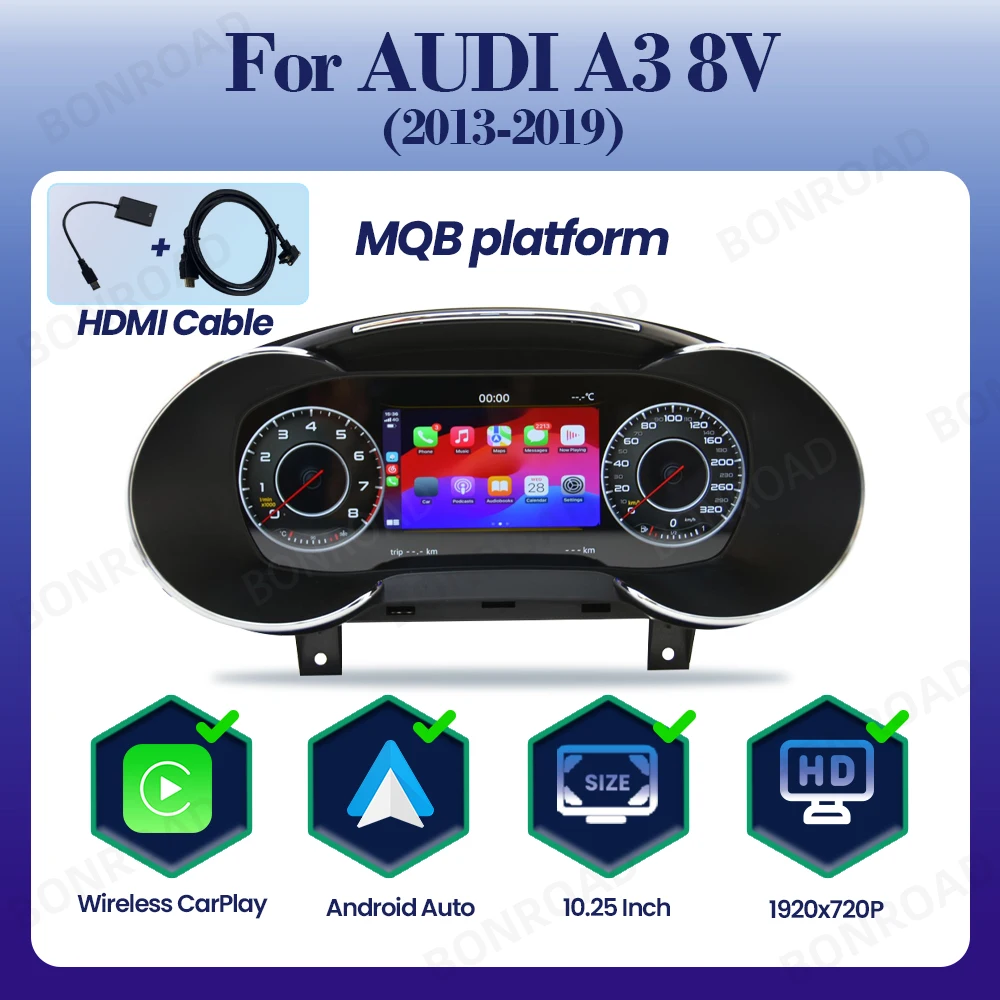 BONROAD 10.25" Digitaal CarPlay Android Auto Instrumentenpaneel Dashboard voor Audi A3 8V Navigatie Snelheidsmeter Cockpit Met HDMI
