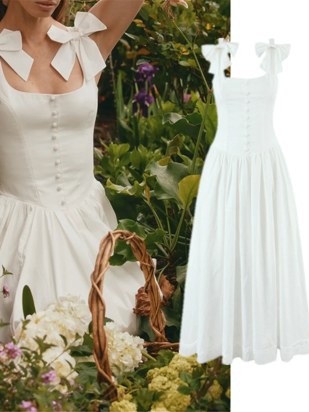 Fre doux blanc noeud épissure Strapl longue Dr minceur taille haute a-ligne robe d'été Ele Dra jupe