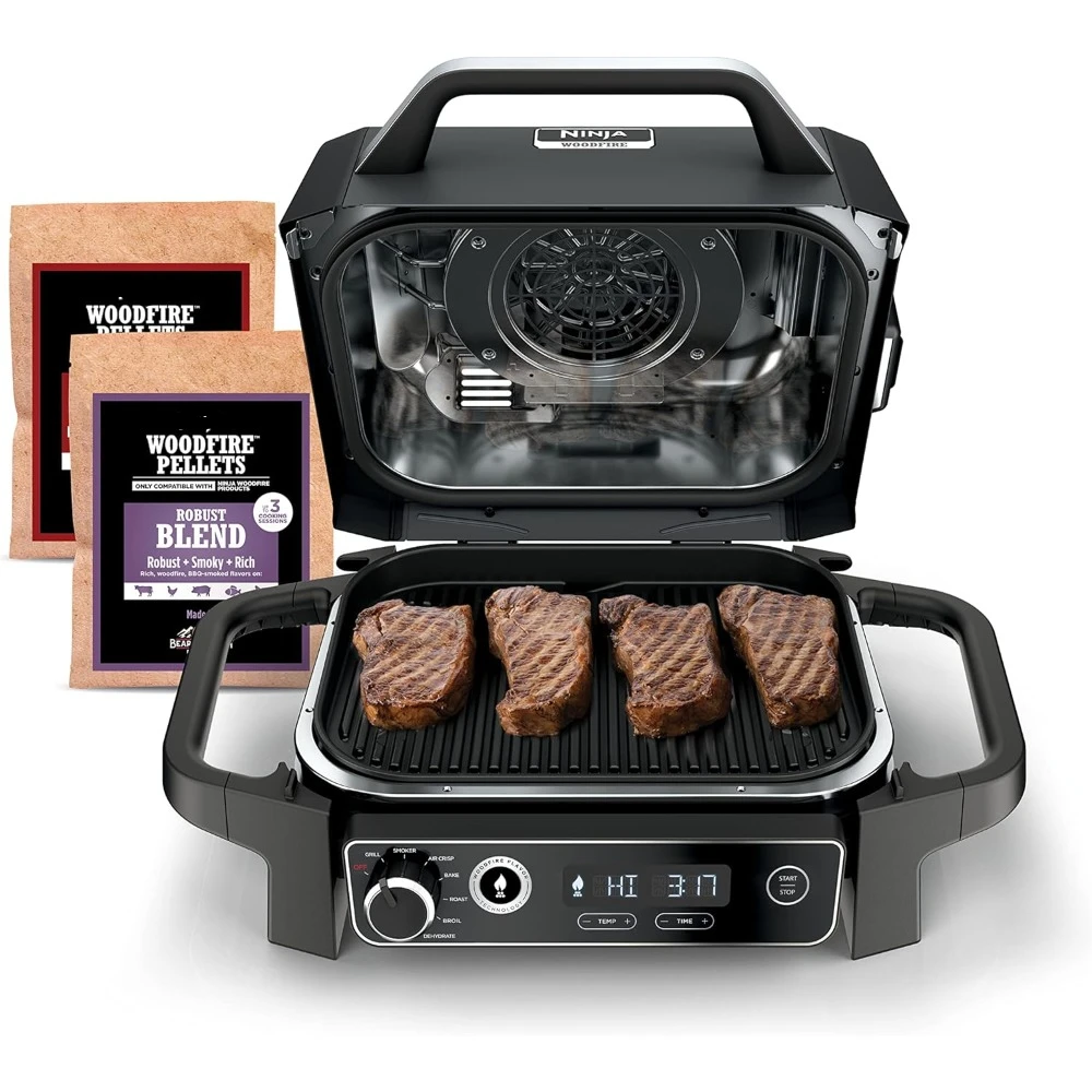 

Outdoor Electric Grill & Smoker - Grill, BBQ, Air Fry, Bake, Roast, Dehydrate & Broil - Uses Woodfire Pellets - Portable