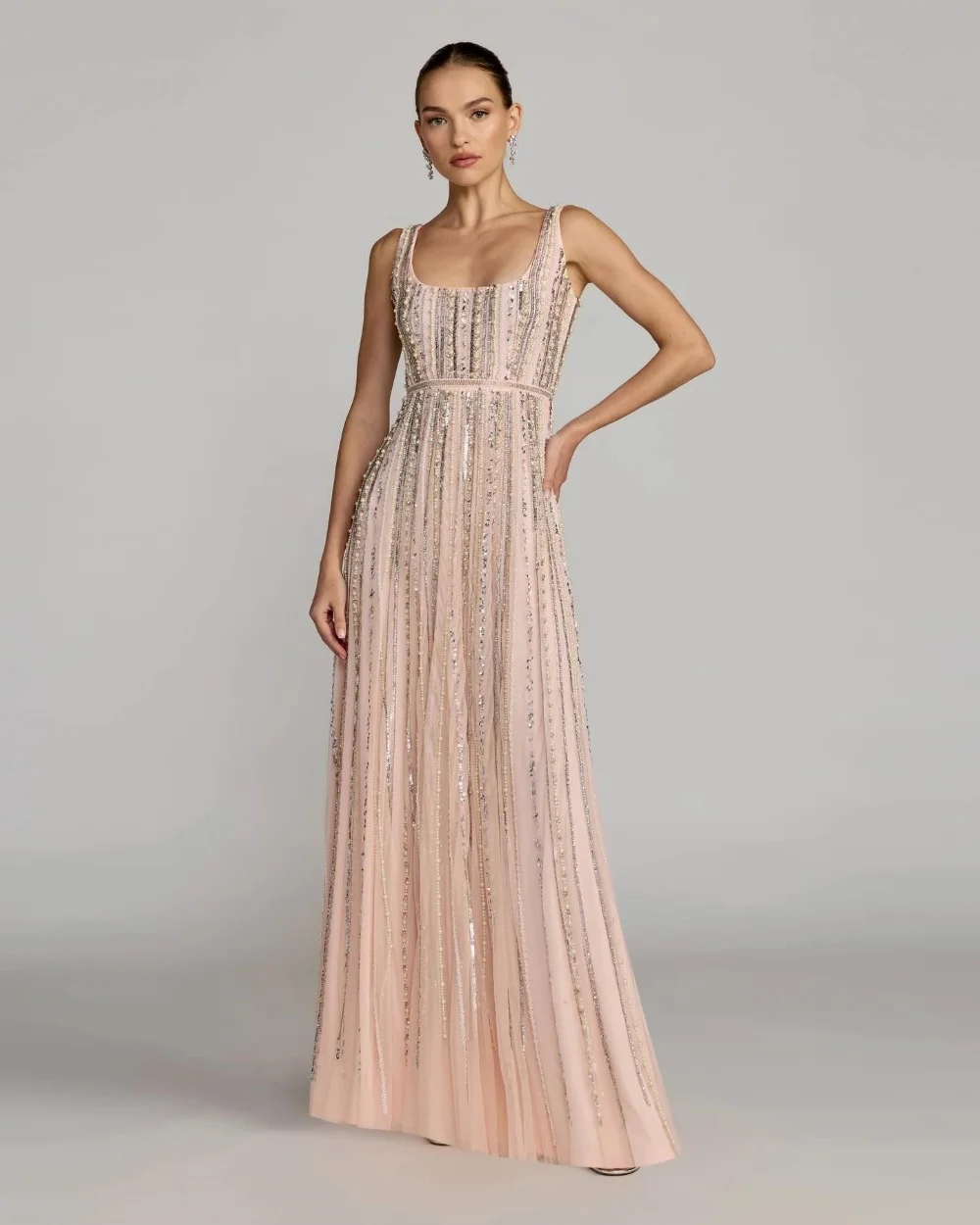 Customized Modern Style Jersey Pleat Sequined Pattern A-line Square Neck Long Bespoke Occasion Evening Dresses Formal