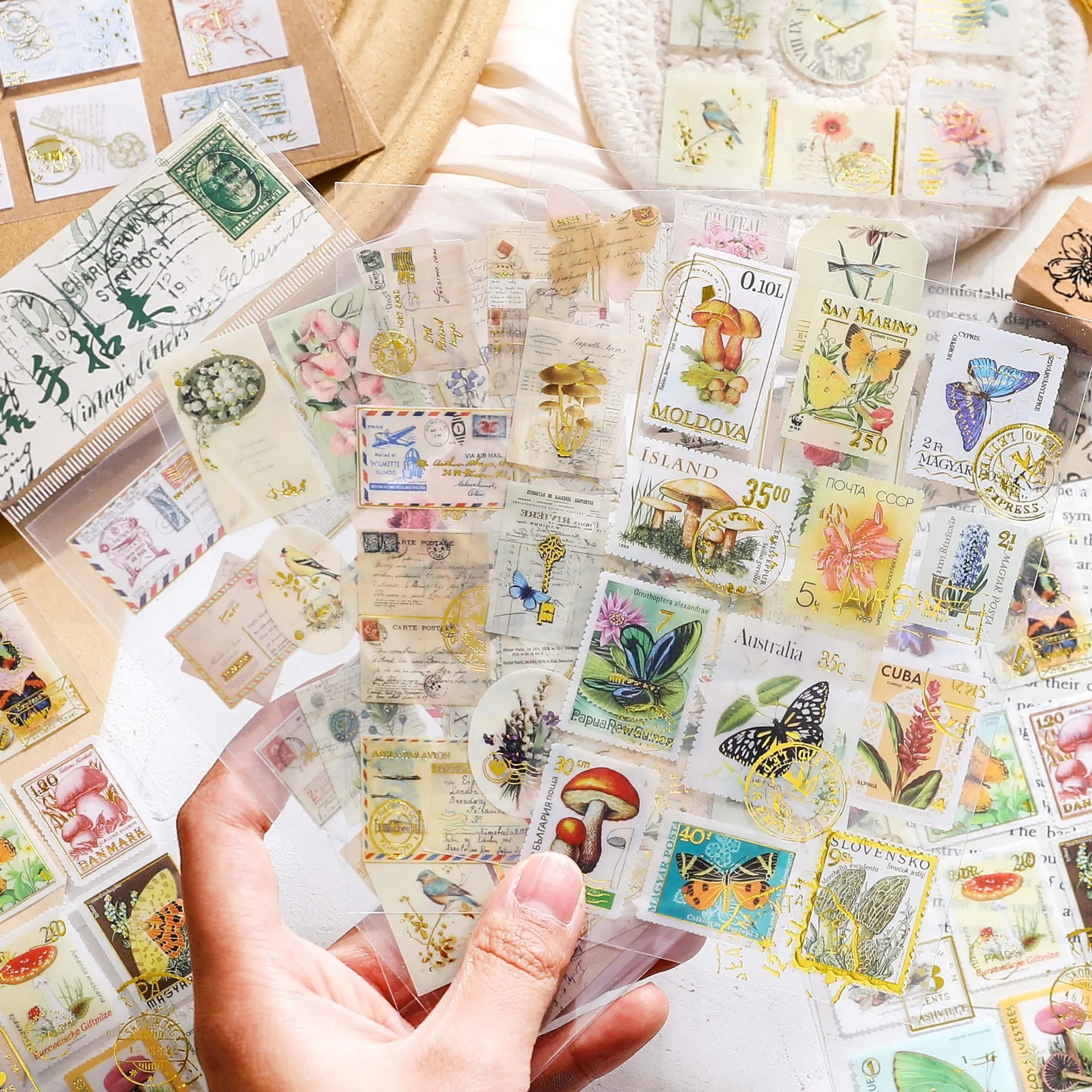 2 Pcs retro Stamp Paper Vintage Stickers Label DIY Junk Journal Decorative Stickers Album Scrapbooking Material