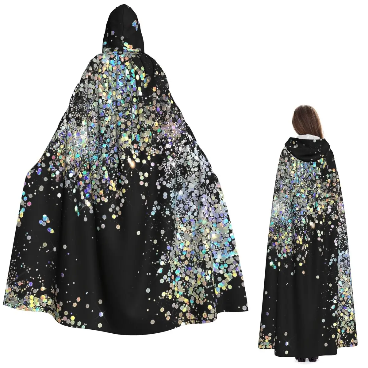 

Black And Multicolor Sequins Faux Long Hooded Cloak Witch Medieval Costume Cosplay Cape HalloweenCoat Adult Unisex