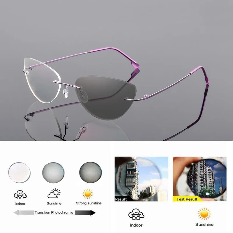 Randlose Memory Titan Legierung Photochrome Lesebrille Frauen Cat Eye Rezept Presbyopie Brillen Klare Verfärben Gläser – Detail 11