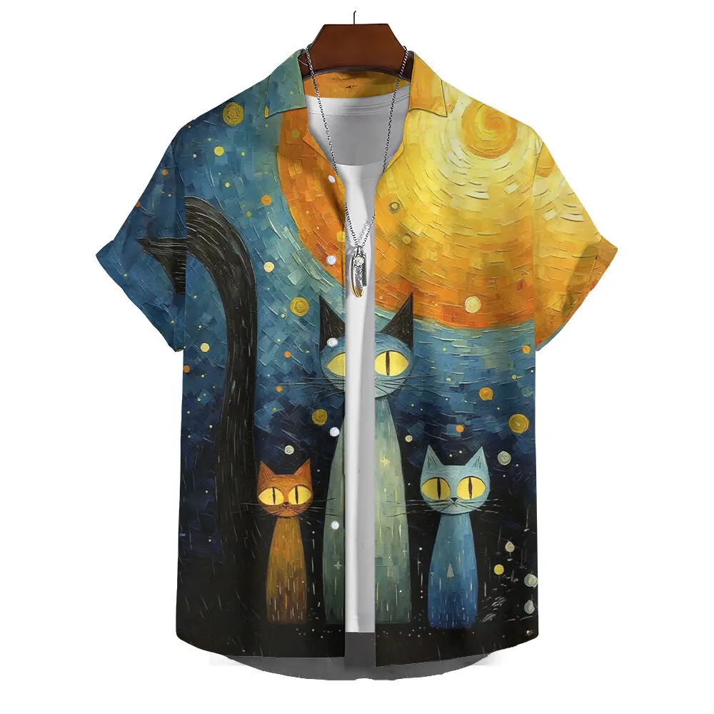 Summer Men\'s Printed Short Sleeve Shirt Oil Painting Starry Sky Cartoon Cat Print Street Daily Casual Oversized Tops SIZE S-5XL