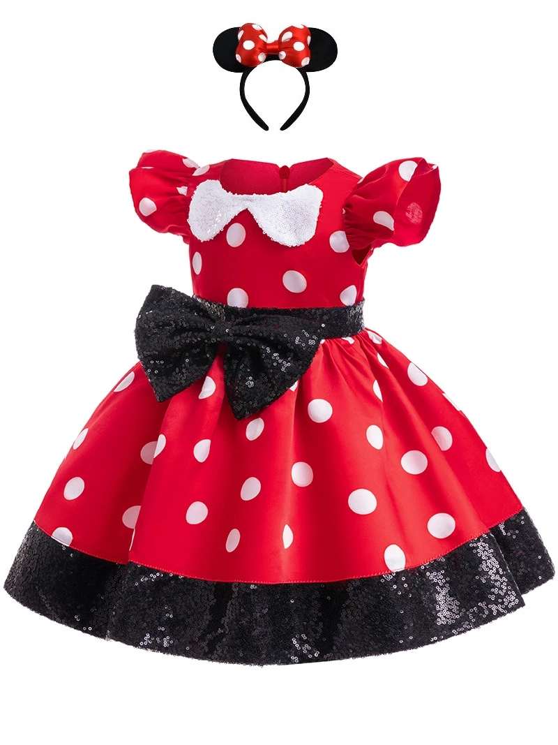 Christmas Kids Girl Princess Dress Mickey Minnie Cosplay Dress Sequin Puff Sleeve Children Birthday Party Costume Toddler Outfit