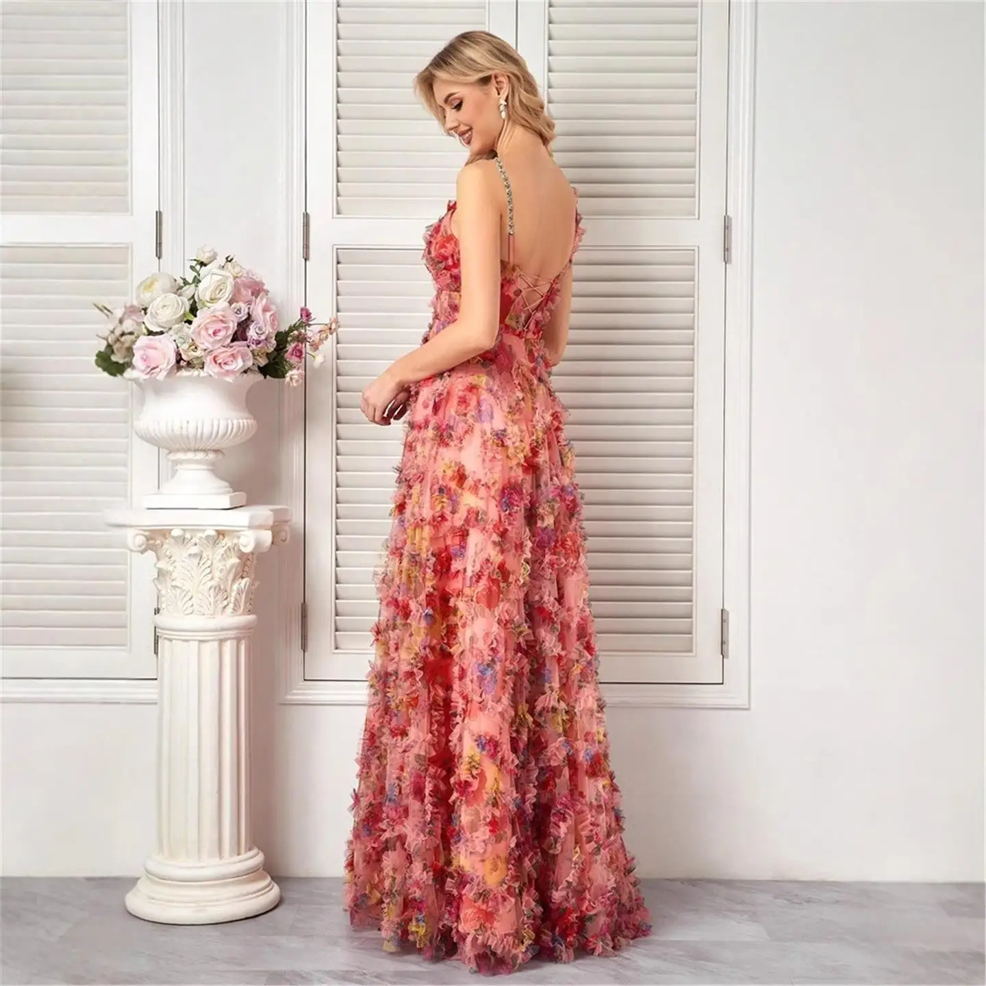 Long Floral Lace Evening Dr Slim Fit Chiffon Maxi Par Dr Tee Quarter Sve V Ne Gown for Women's Gathering