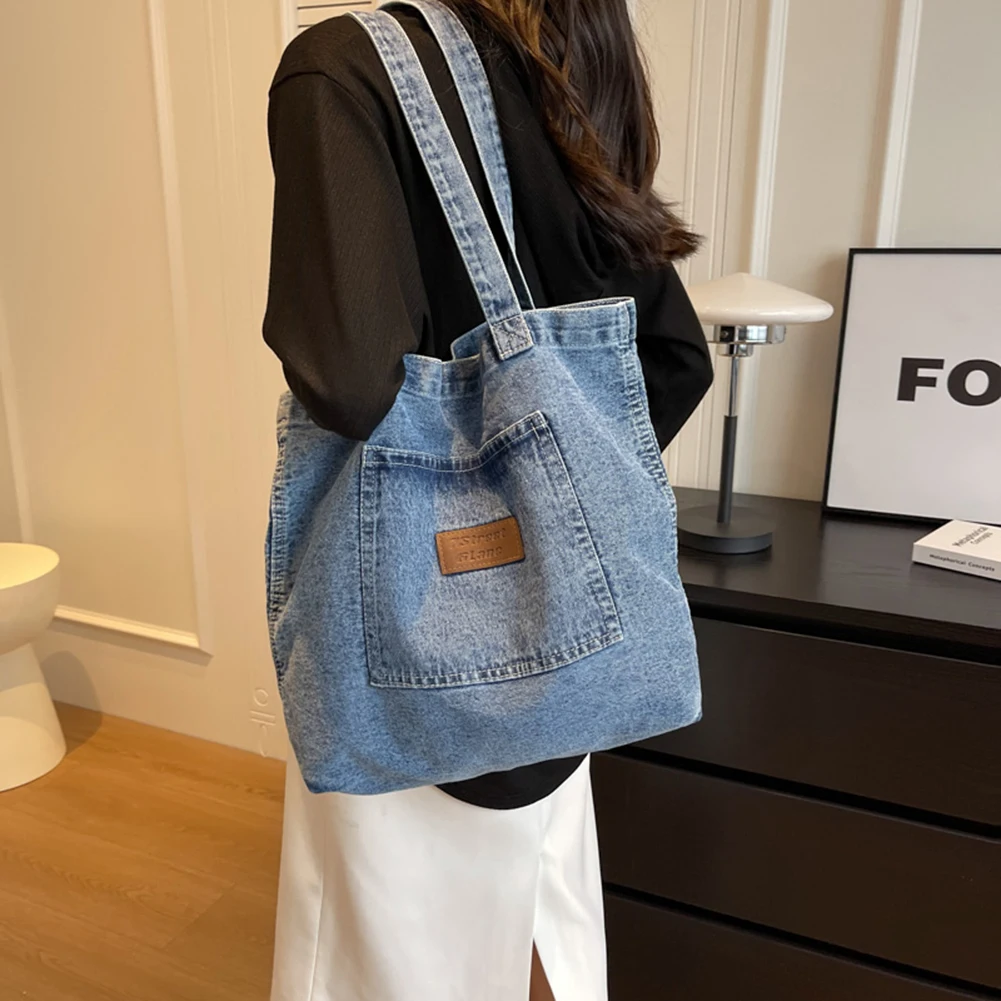 

Tote Bag Women Shoulder Bag Large Capacity Denim Solid Color Handbag Clutch Bag Simple Female Commuter Handbag for Office Travel