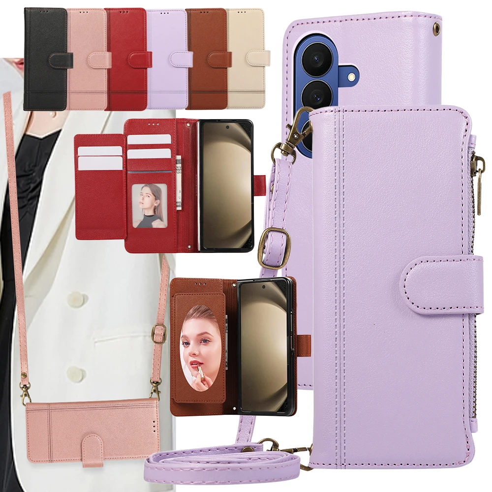 Mirror Crossbody Leather Wallet Case For Samsung Galaxy Z Fold 8 Ultra 7 6 5 4 3 Fold8 Fold7 Fold6 Fold5 Card Slots Phone Cover