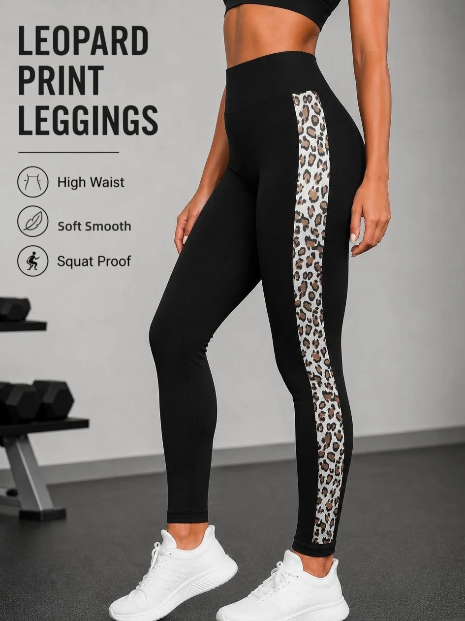 1-Pack Side White Leopard Print High Waist Knit Leggings 4 Way Stretch Soft Breathable Slim Pants for Sports Streetwear