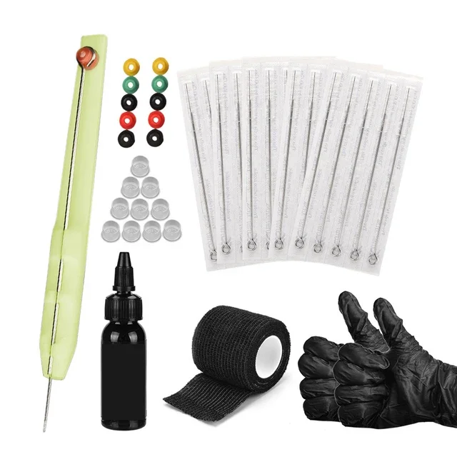 Hand Poke Stick Tattoo Kit DIY Tattoo Ink Pigment Cups Gloves Tattoo Needles Set 3RL / 5RL / 7RL / 9RL Needles