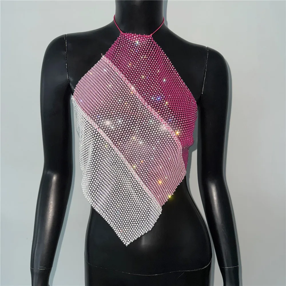 

Ажурная майка с блестками и бриллиантами, сексуальная майка с открытой спиной и лямкой на шее, ажурная прозрачная сетчатая майка, летние укороченные топы для вокала и концерта