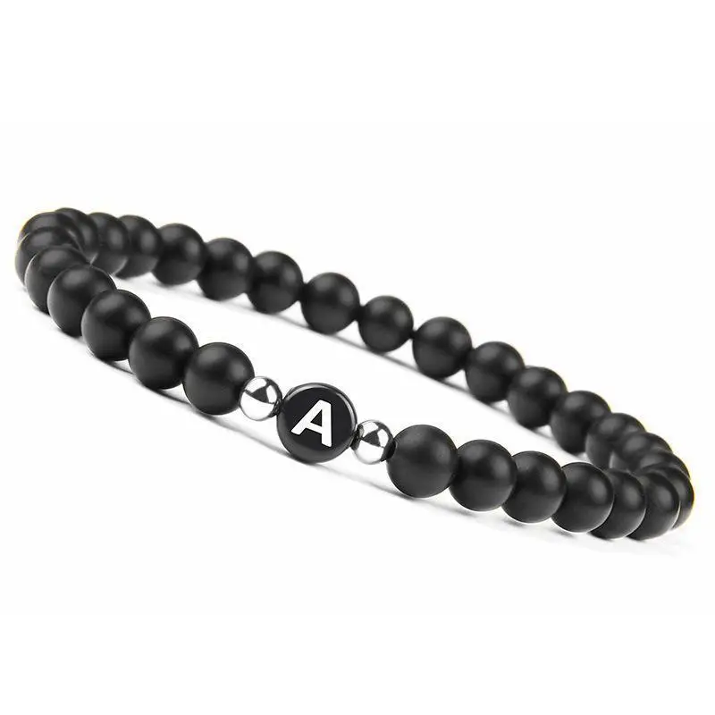 New Trendy 26 Initial Letters Bracelets Men Women Black Matte Natural Frosted Stone Alphabet Beaded Bracelet Friendship Jewelry