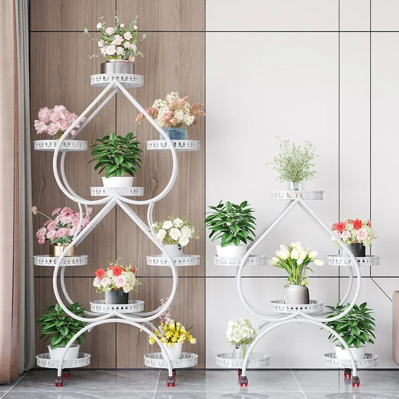 Iron Art Multilayer Belt Wheel Plant Stand Floor Type Flower Pot Frame Living Room Balcony Heartshaped Shelf for Flowers