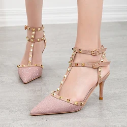 Female T-strap Buckle Sandals 2026 Stiletto Pointed Toe Sequins Women's Shoes 7CM High Heels Sexy Party Woman Pink Wedding Shoes